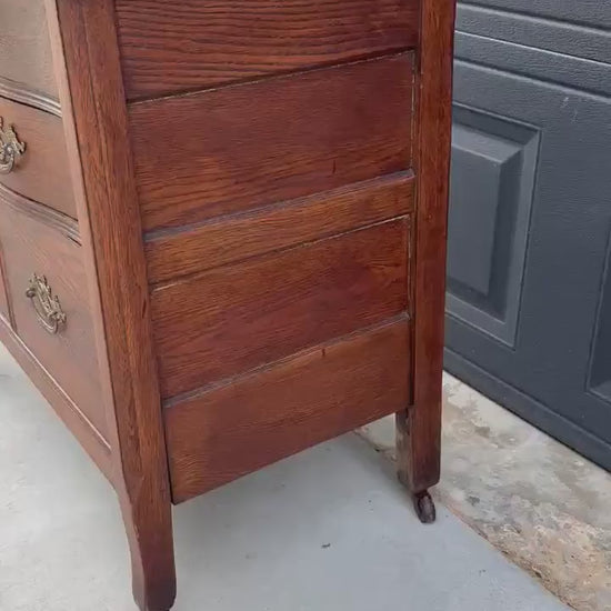Antique Early 20th C Tiger Oak Chest of Drawers & Cabinet on Casters 32" Wide