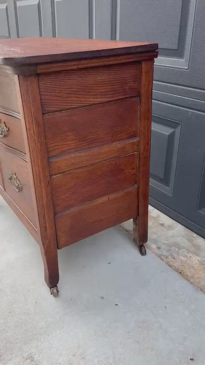 Antique Early 20th C Tiger Oak Chest of Drawers & Cabinet on Casters 32" Wide