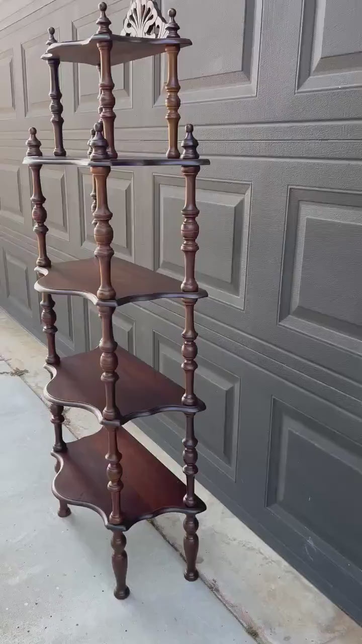 Antique Late 19th Century Five Tier Carved Serpentine Front Victorian Walnut Shelf