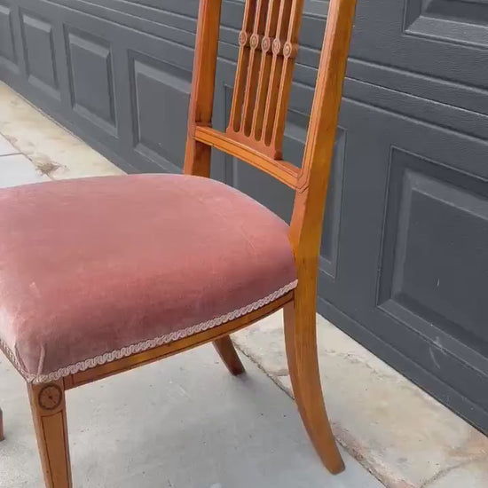 Antique Late 19th C Edwardian Sheraton Inlaid Yew Wood Upholstered Chair 18" Wide