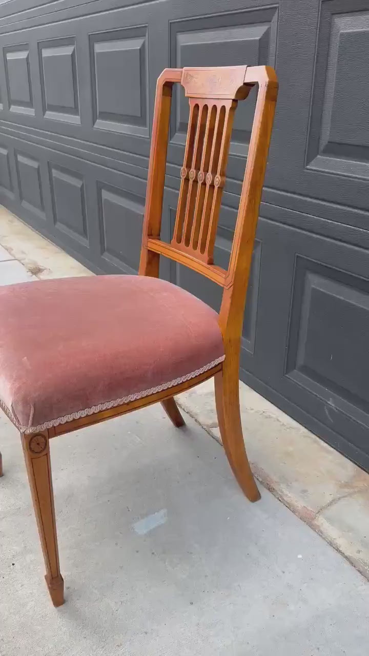 Antique Late 19th C Edwardian Sheraton Inlaid Yew Wood Upholstered Chair 18" Wide