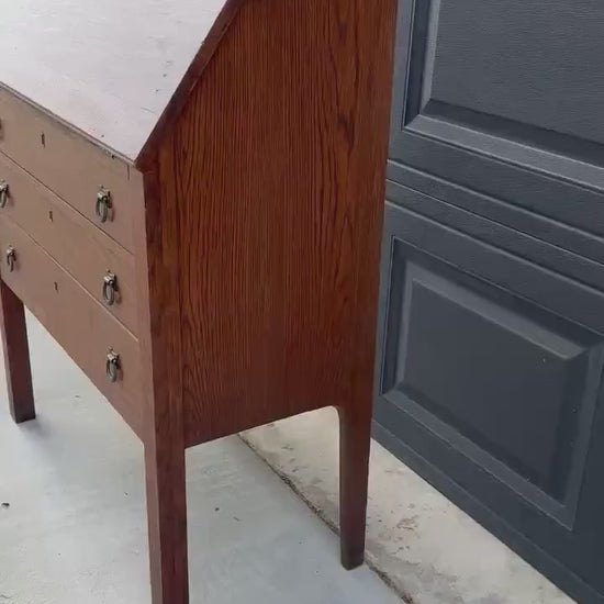 Vintage Early 20th Century Quarter Sawn Oak Drop Front Desk with Drawers - Solid Wood Accent Chest with Ring Pulls
