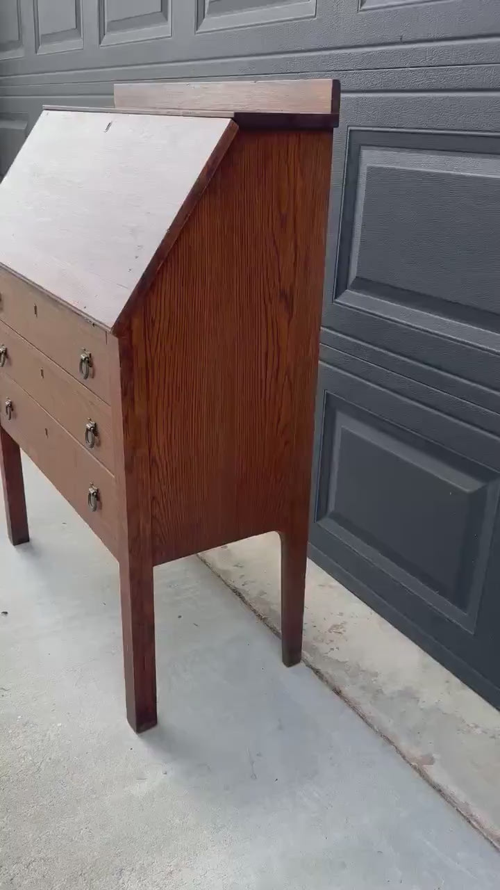 Vintage Early 20th Century Quarter Sawn Oak Drop Front Desk with Drawers - Solid Wood Accent Chest with Ring Pulls