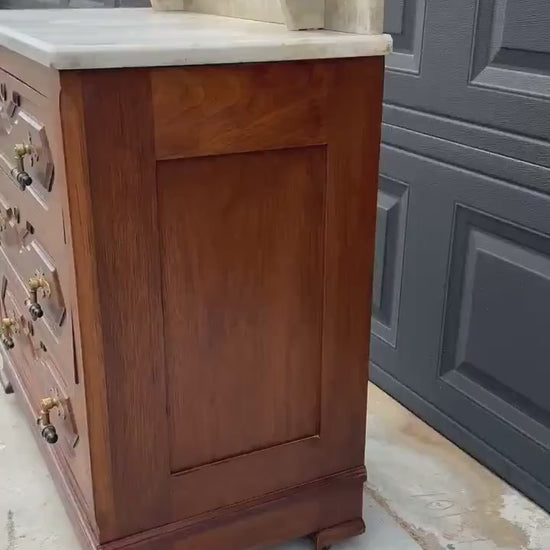 Antique Mid 19th C Bookmatched Burl Walnut Three Drawer Chest with Marble Backsplash & Candle Shelves on Casters 30" Wide