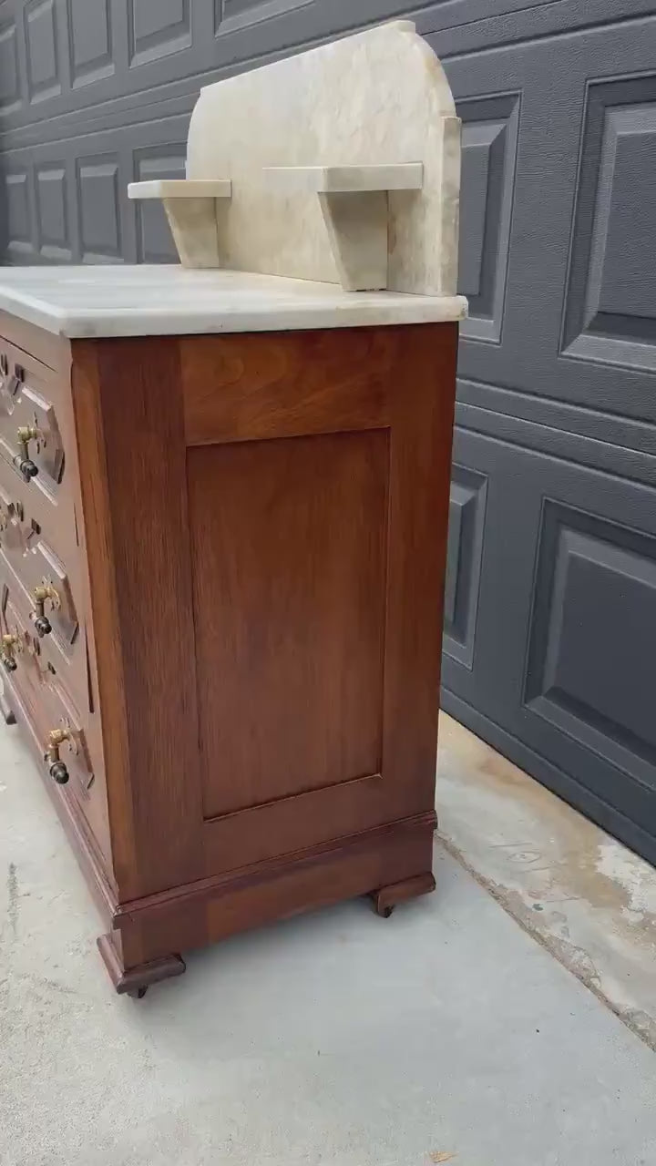 Antique Mid 19th C Bookmatched Burl Walnut Three Drawer Chest with Marble Backsplash & Candle Shelves on Casters 30" Wide