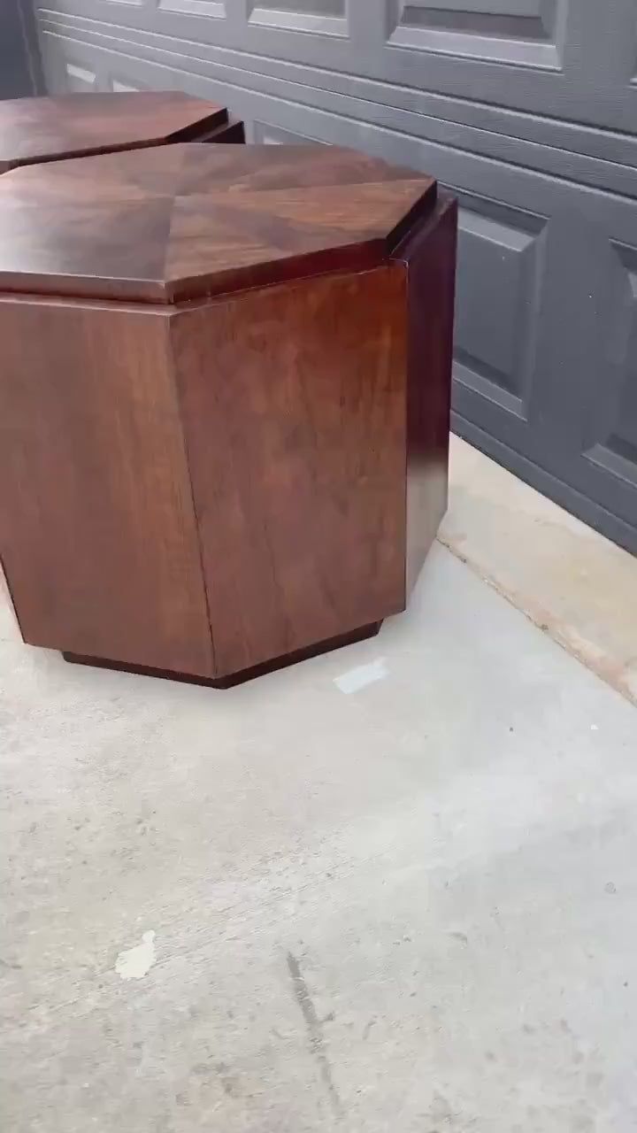 Vintage Mid 1900's Mid Mod Geometric Walnut Wood Side Tables – Pair of MCM Nightstands