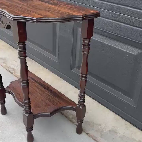 Antique Early 1900's Solid Wood Half Moon Spindle Leg Two Tier Cherry Wall Table