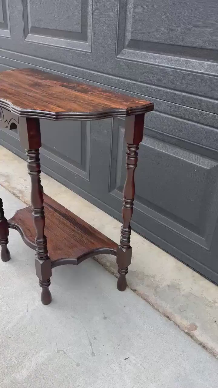 Antique Early 1900's Solid Wood Half Moon Spindle Leg Two Tier Cherry Wall Table