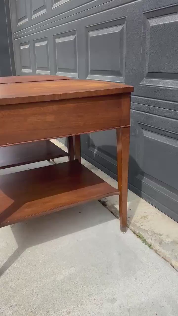 Vintage Mid 20th C Mahogany Wood Hepplewhite Bowfront Single Drawer Open Shelf End Tables - a Pair