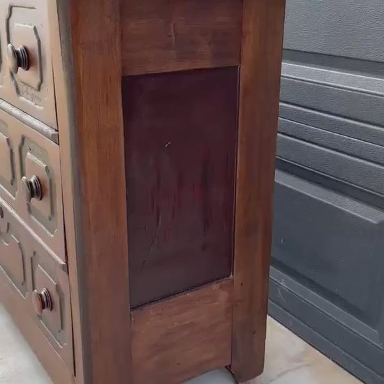 Vintage Late 19th Century Solid Wood Carved Walnut Rustic Storage Dresser on Casters