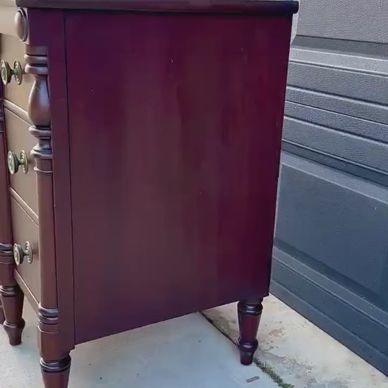 Antique Early 20th C Three Drawer Carved Solid Mahogany Wood Storage End Tables - a Pair