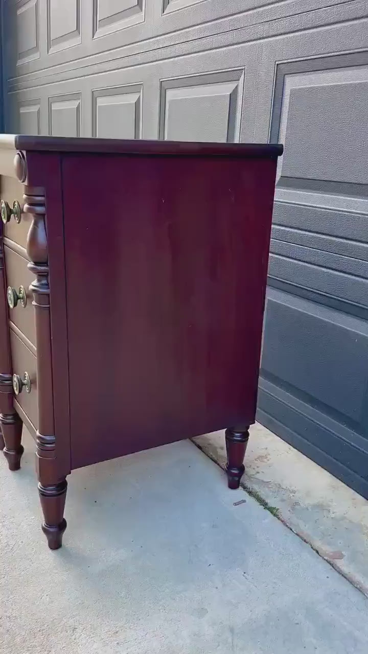 Antique Early 20th C Three Drawer Carved Solid Mahogany Wood Storage End Tables - a Pair