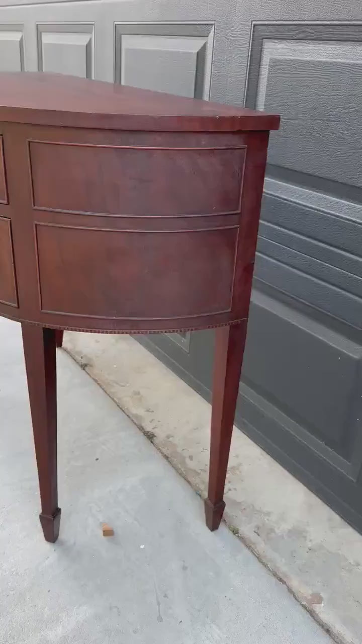 Vintage Early 20th Century Crotch Mahogany Half Round Two Drawer Sheraton Entry Hall Table