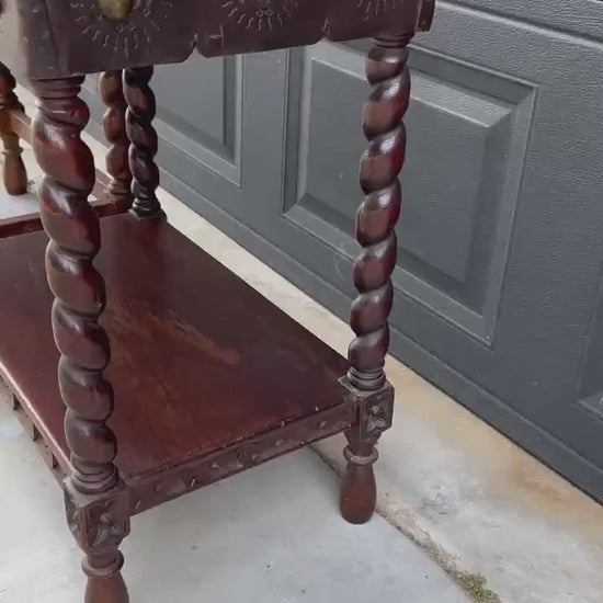 Antique Early 1900s Etched Andean Leather & Mahogany Barley Twist Side Tables - a Pair