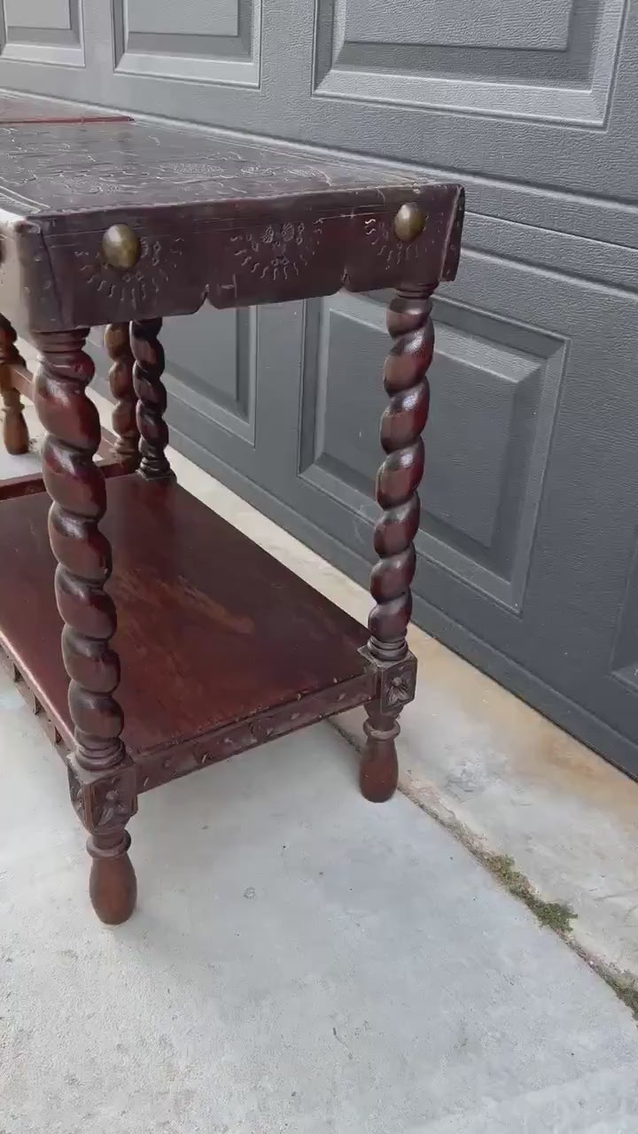 Antique Early 1900s Etched Andean Leather & Mahogany Barley Twist Side Tables - a Pair