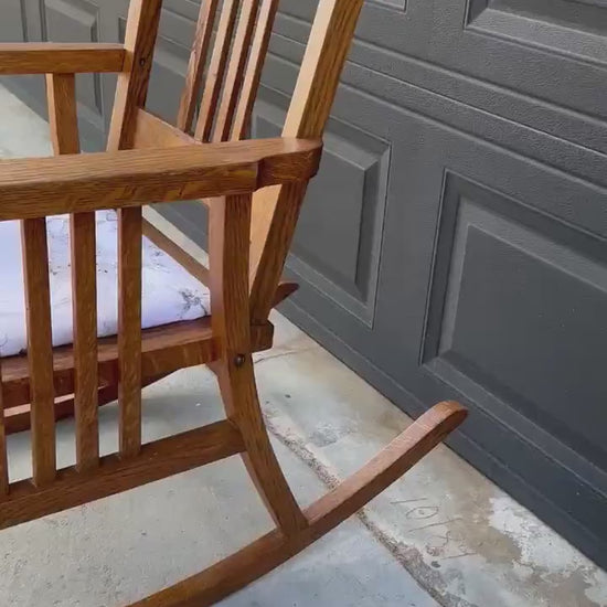 Antique Early 20th C Oak Slat Back Arts & Crafts Upholstered Rocking Chair 24.5" Wide