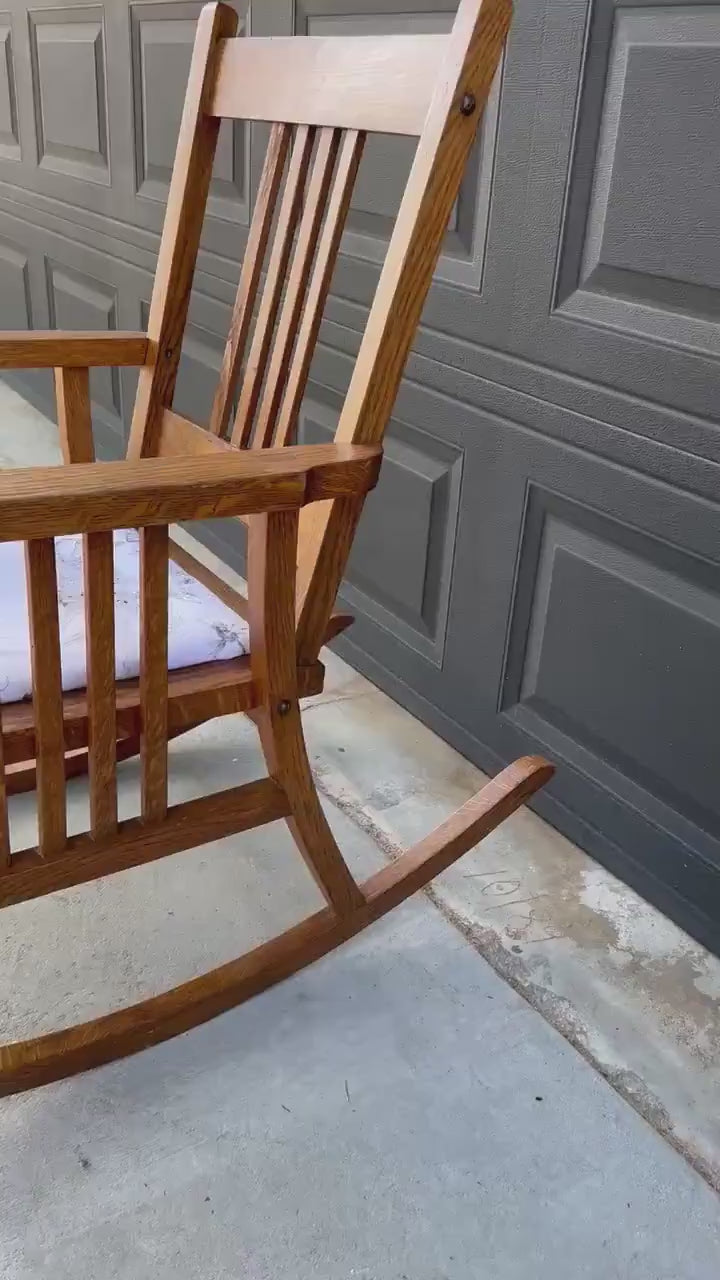 Antique Early 20th C Oak Slat Back Arts & Crafts Upholstered Rocking Chair 24.5" Wide