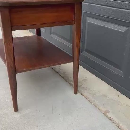 Vintage Mid Century Modern Walnut Side Table Burl Inlay Top – End Table with Shelf Storage