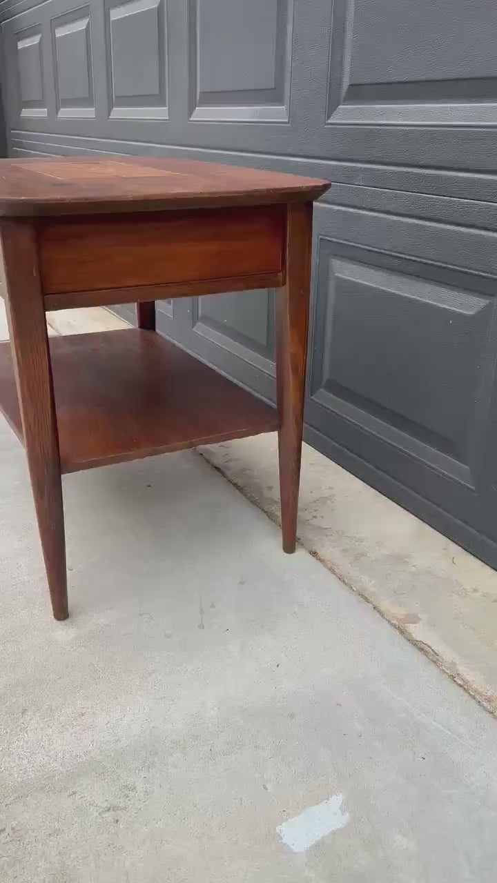 Vintage Mid Century Modern Walnut Side Table Burl Inlay Top – End Table with Shelf Storage