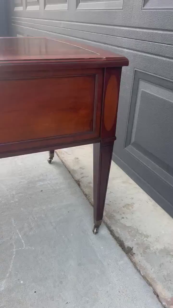 Vintage Mid 1900s Traditional Inlaid Mahogany End Table on Casters 22" Wide
