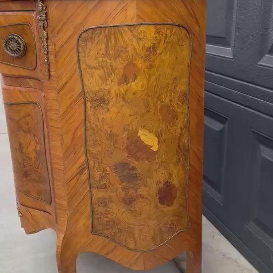 Antique Late 1800's Victorian Floral Burlwood Brass Accent Table Solid Oak Demi Lune Chests with Drawer - a Pair