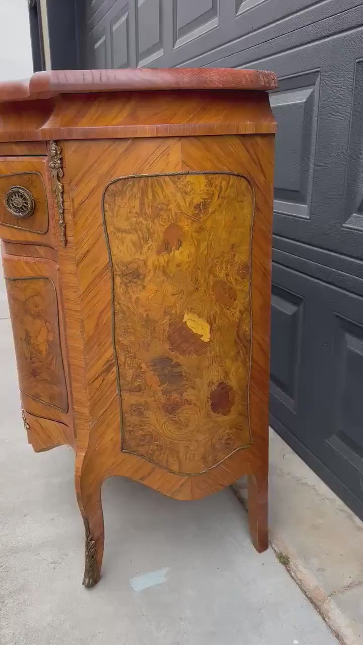 Antique Late 1800's Victorian Floral Burlwood Brass Accent Table Solid Oak Demi Lune Chests with Drawer - a Pair
