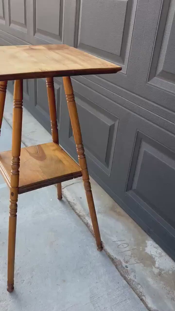 Antique Late 19th C Oak Turned Leg Two Tier Table 15" Wide