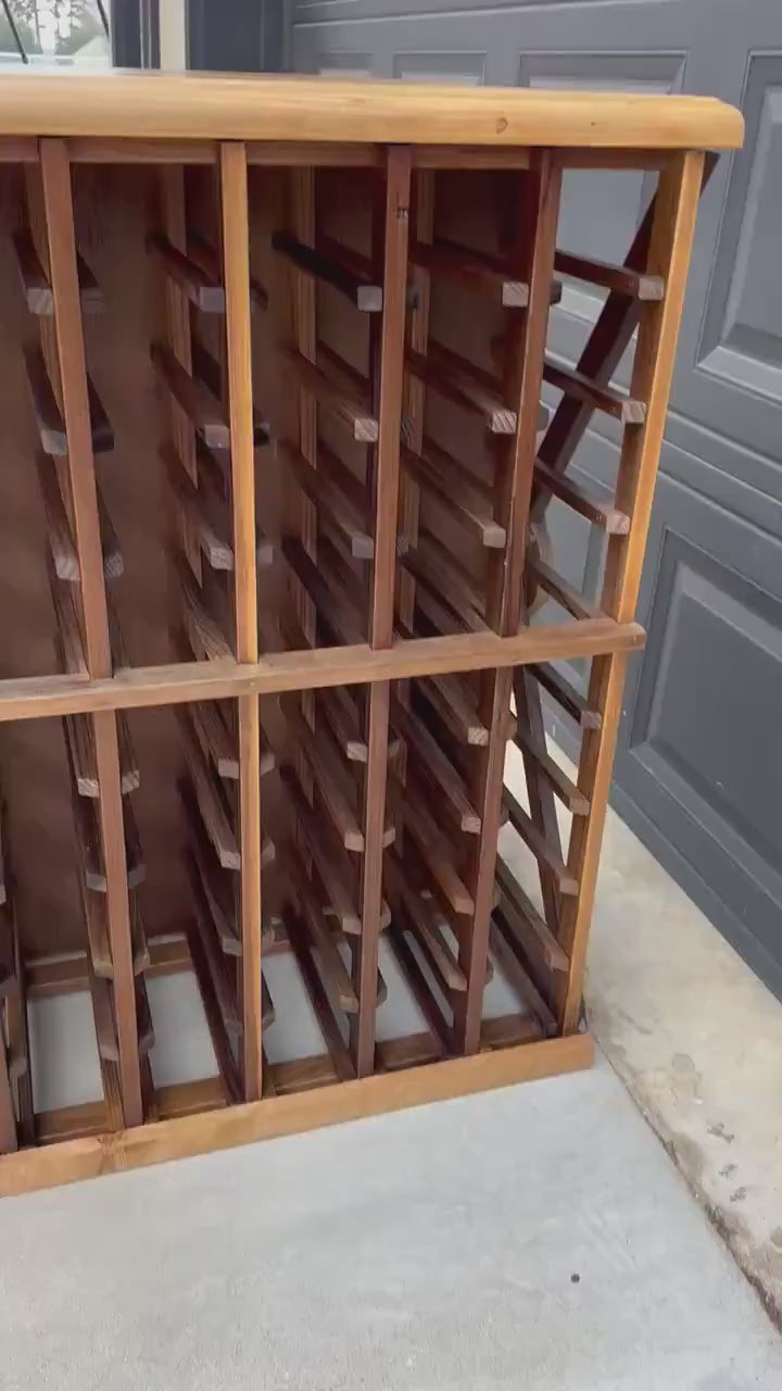 Vintage 100+ Bottle Storage Natural Solid Wood Bar Height Tasting Table - Large Geometric Wine Rack Table