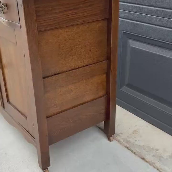 Antique Late 1900's Solid Tiger Oak Wood Storage Accent Chest with Drawers & Cabinet on Casters