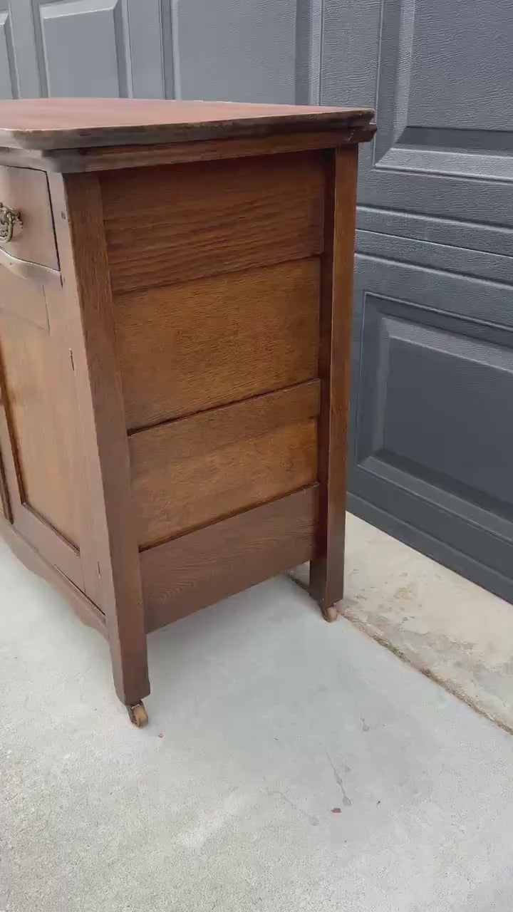 Antique Late 1900's Solid Tiger Oak Wood Storage Accent Chest with Drawers & Cabinet on Casters