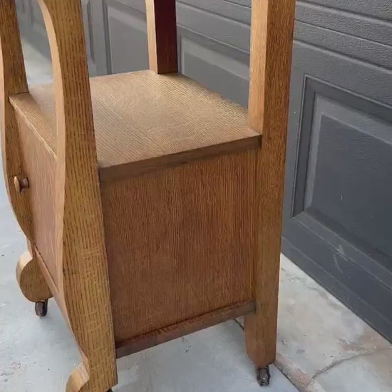 Antique Early 20th C Quarter Sawn Oak Wood Open Shelf Accent Cabinet on Casters 18" Wide