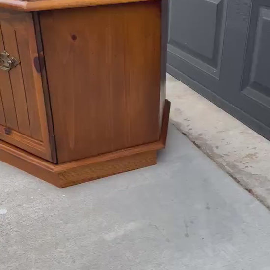 Vintage Mid Century Hexagonal Solid Pine Wood End Table with Cabinet 24" Wide