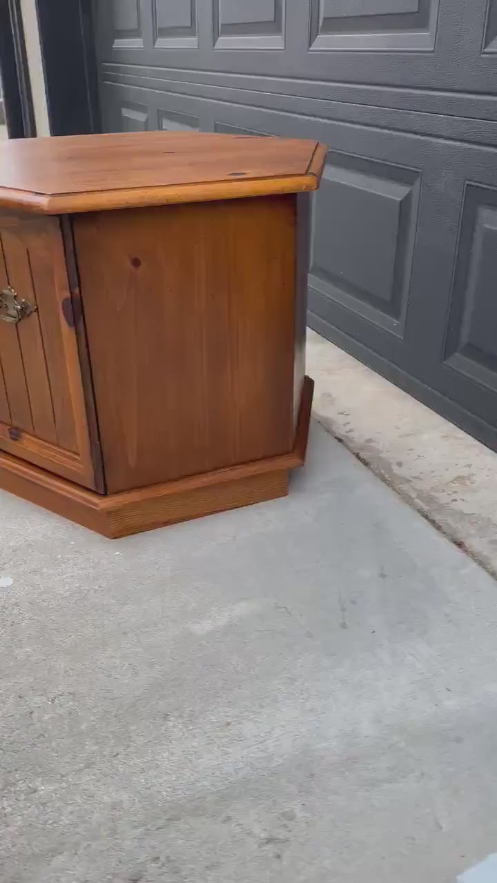 Vintage Mid Century Hexagonal Solid Pine Wood End Table with Cabinet 24" Wide