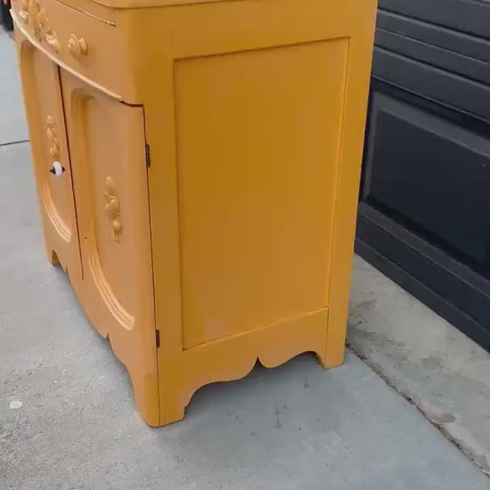 Vintage Early 20th Century Yellow Painted Solid Wood Sink Vanity Cabinet - Installation Ready