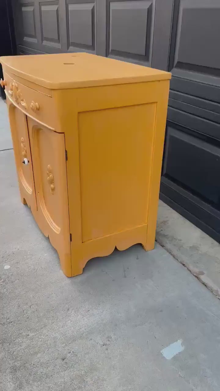 Vintage Early 20th Century Yellow Painted Solid Wood Sink Vanity Cabinet - Installation Ready