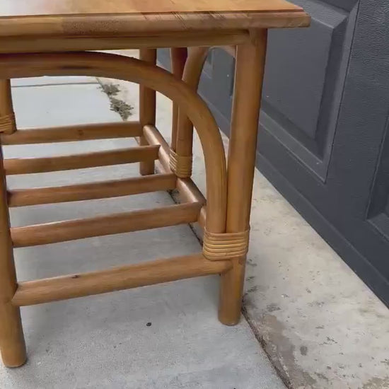 Vintage Mid Century Rattan Accent Table with Solid Wood Top Bentwood End Table