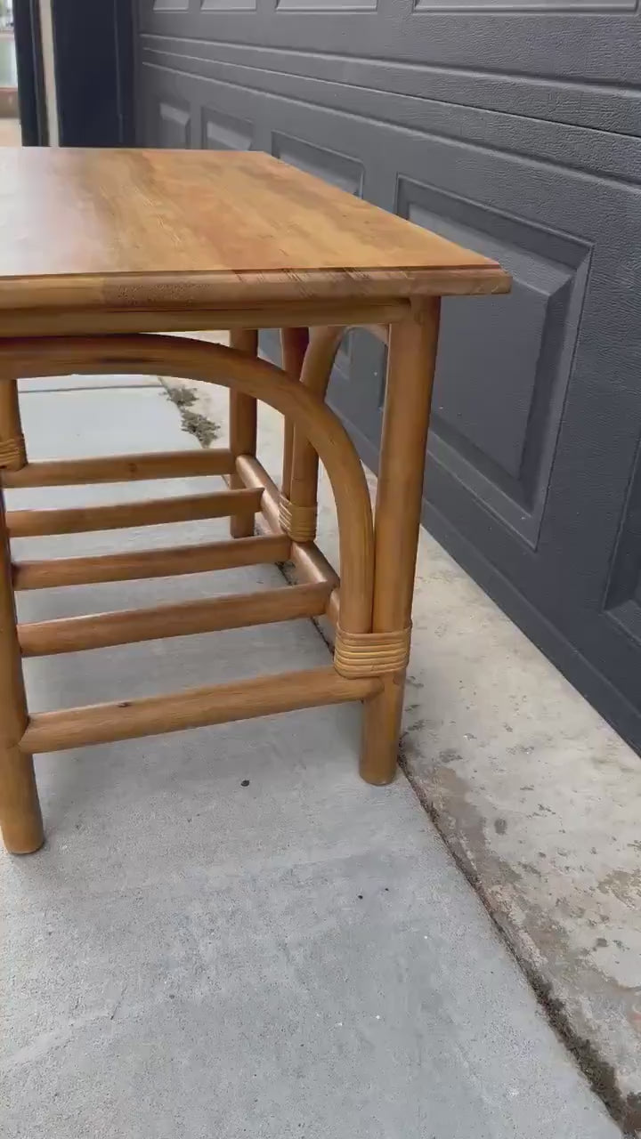 Vintage Mid Century Rattan Accent Table with Solid Wood Top Bentwood End Table