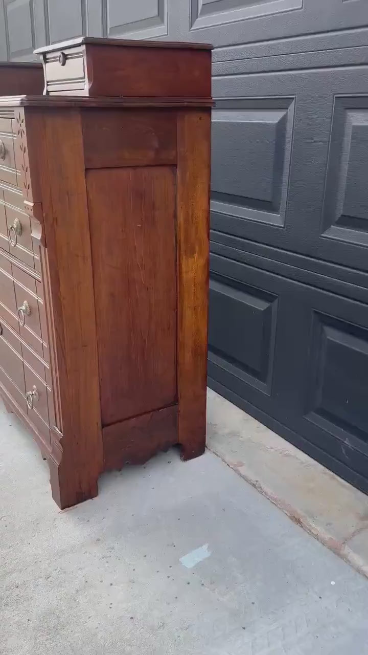 Antique 1870s Burl Walnut & Marble Top Ring Pull Eastlake Chest of Drawers Accent Dresser 40" Wide
