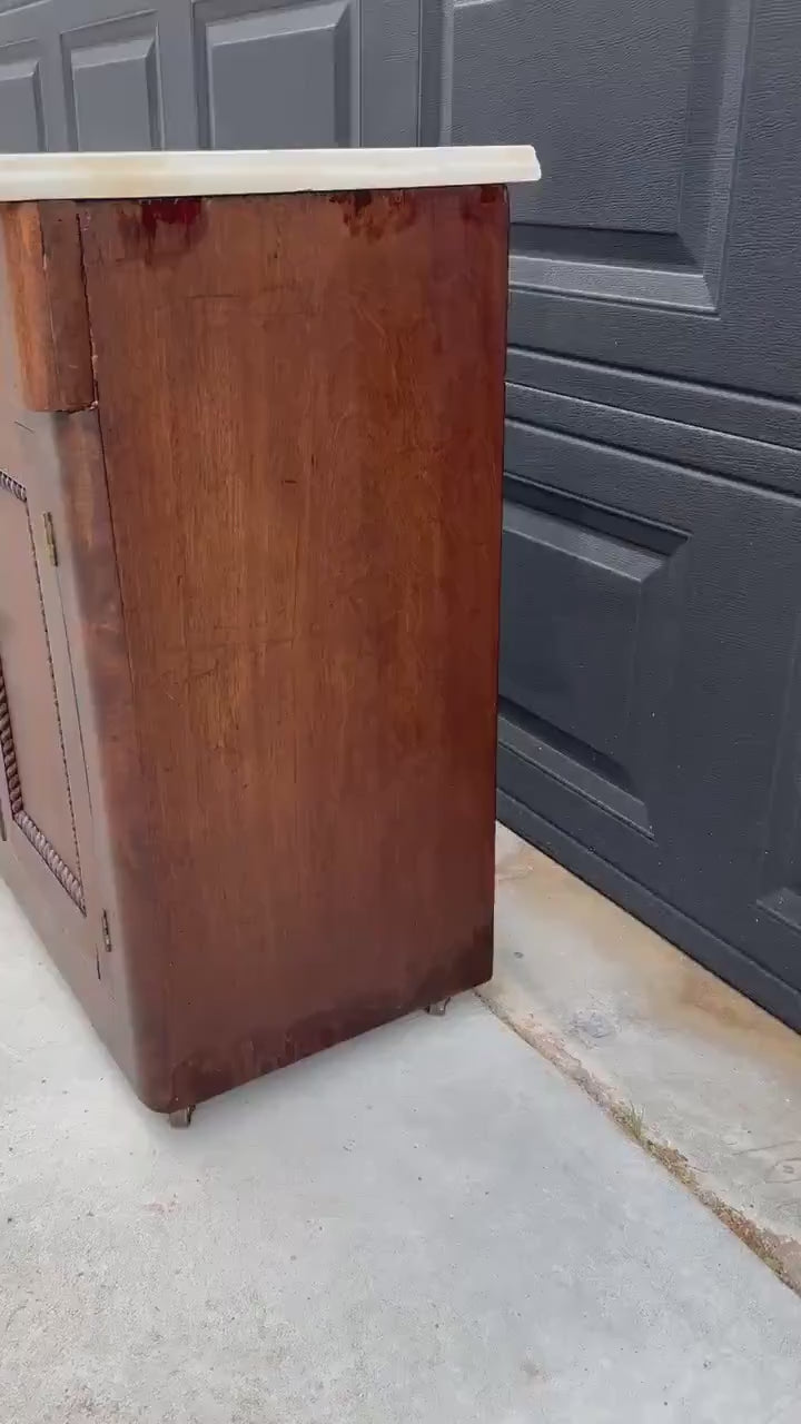 Antique Mid-19th C Marble Top Flame Mahogany Cabinet on Brass Casters (30" Wide)