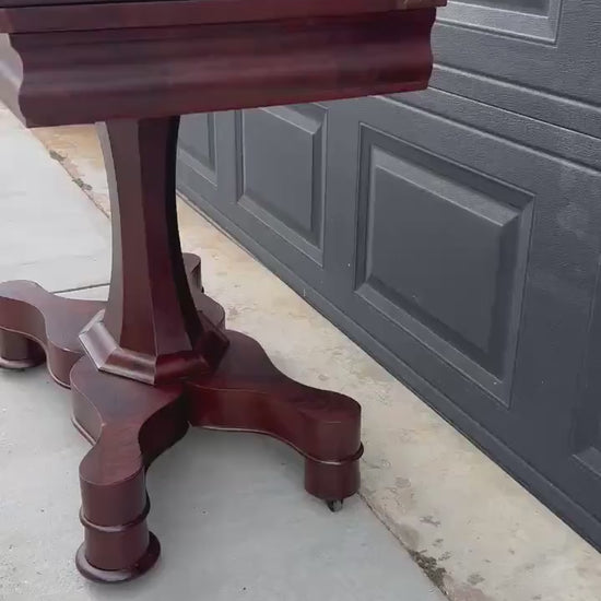 Antique Early 19th C Crotch Mahogany Wood Victorian Expanding Console Accent Table on Casters