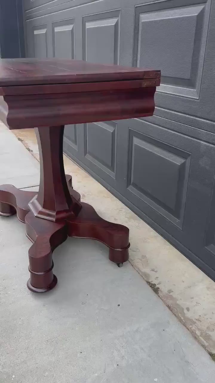 Antique Early 19th C Crotch Mahogany Wood Victorian Expanding Console Accent Table on Casters