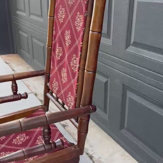 Antique Late 19th C. Eastlake Carved Walnut Wood Upholstered Rustic Rocking Accent Chair