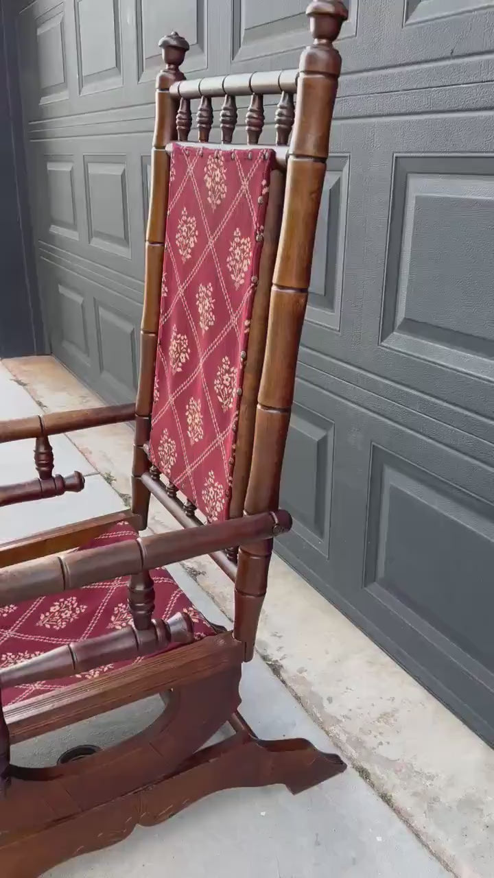 Antique Late 19th C. Eastlake Carved Walnut Wood Upholstered Rustic Rocking Accent Chair